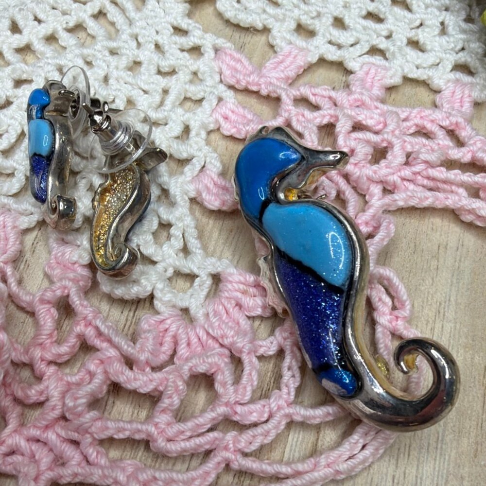 Vintage Figural Silver Seahorse Brooch Pin And Matching Earrings
